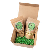 Oster Geschenkbox mit Gefriergetrocknete Erdbeeren in weißer Joghurt-Schokolade 250g Bananenchips mit Honig gesüßt 250g