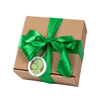 Geschenkbox braun grüne Schleife mit Erdnüsse geröstet & gesalzen 250g & Edamame Bohnen 250g