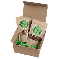 Geschenkbox braun grüne Schleife mit Erdnüsse geröstet & gesalzen 250g & Edamame Bohnen 250g