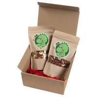 Geschenkbox braun rote Schleife mit Datteln Deglet Nour 250g & Edamame Bohnen 250g